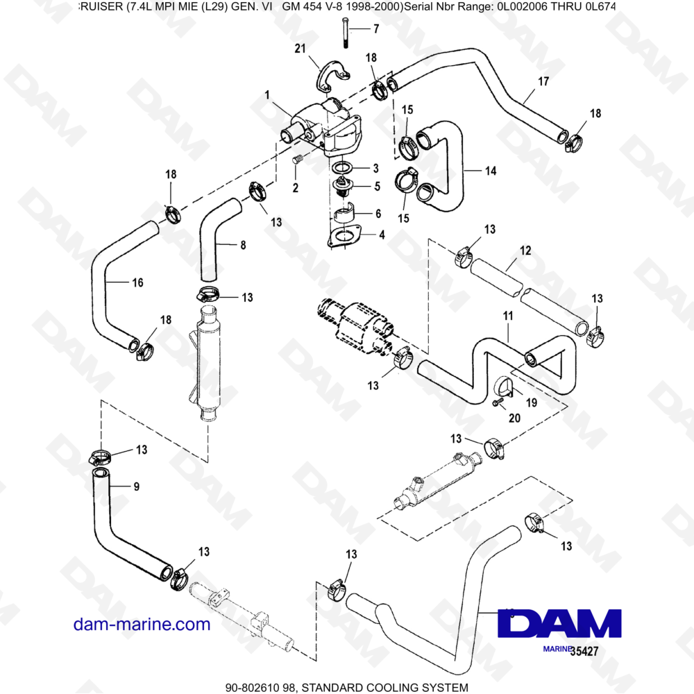 Vue éclatée SISTEMA DI RAFFREDDAMENTO STANDARD pour moteur MERCRUISER 7.4L MIE MPI