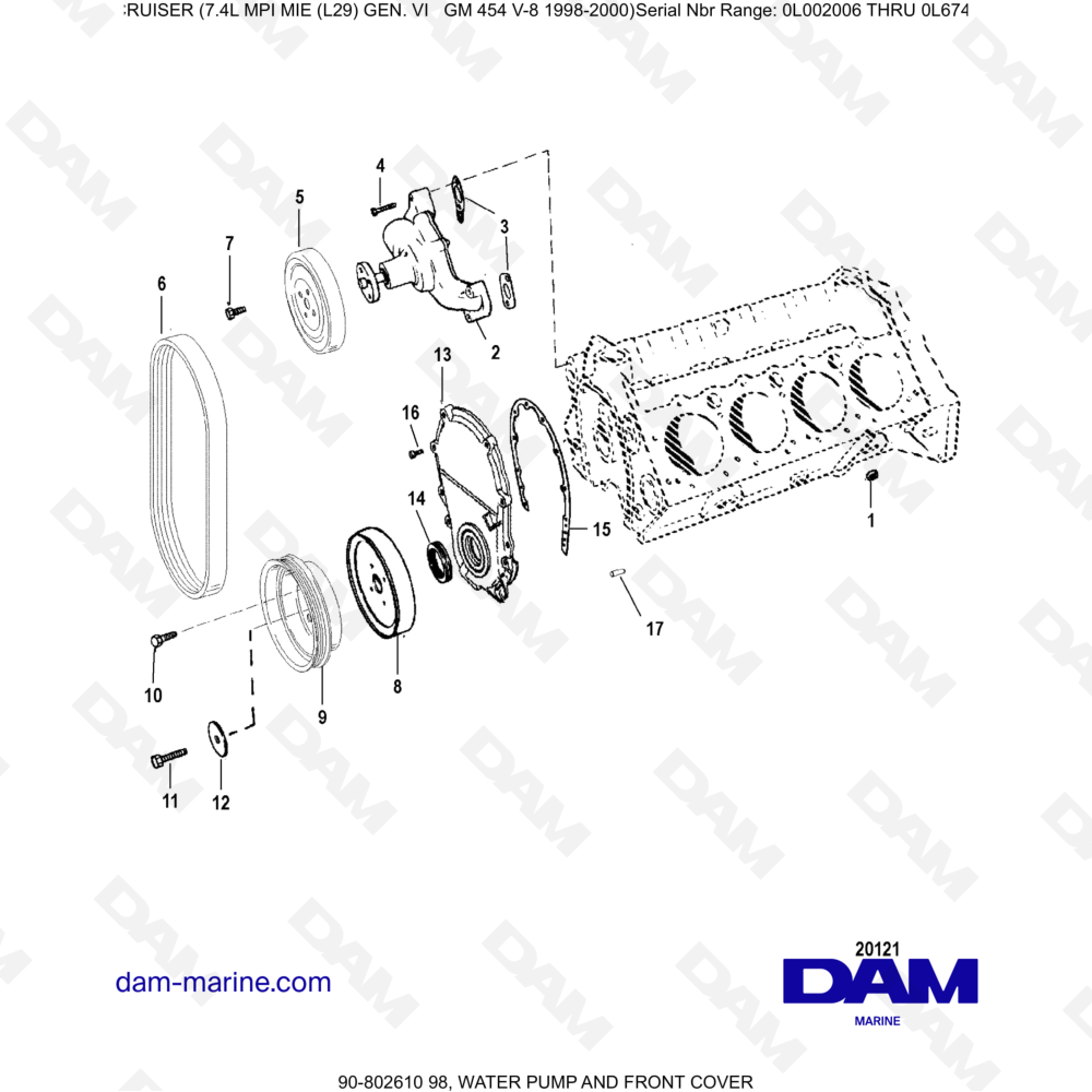 Vue éclatée POMPA DELL'ACQUA E COPERTURA ANTERIORE pour moteur MERCRUISER 7.4L MIE MPI