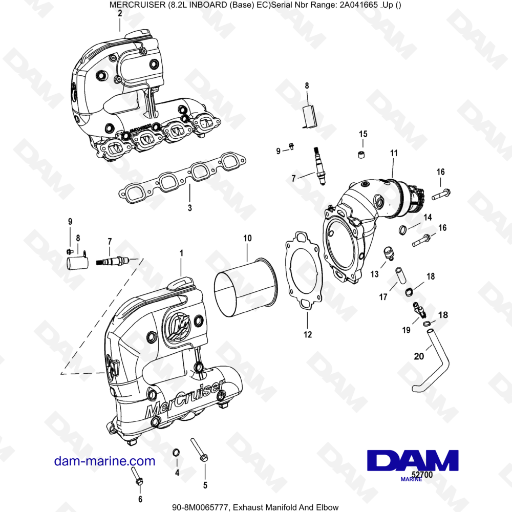 Vue éclatée COLLECTEUR D'ÉCHAPPEMENT ET COUDE pour moteur MERCRUISER 8.2L INBOARD EC