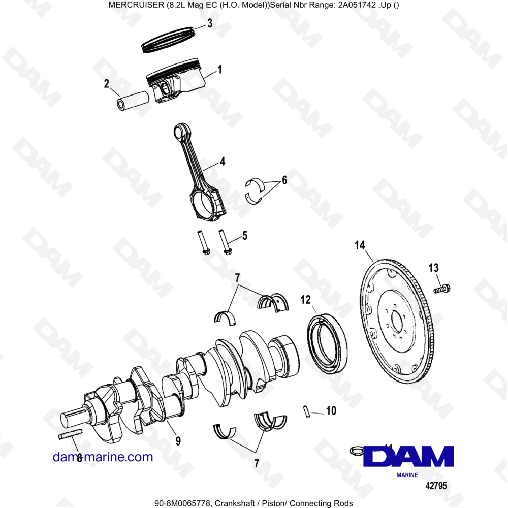 Vue éclatée VILEBREQUIN, PISTONS, BIELLES pour moteur MERCRUISER 8.2L MAG HO EC