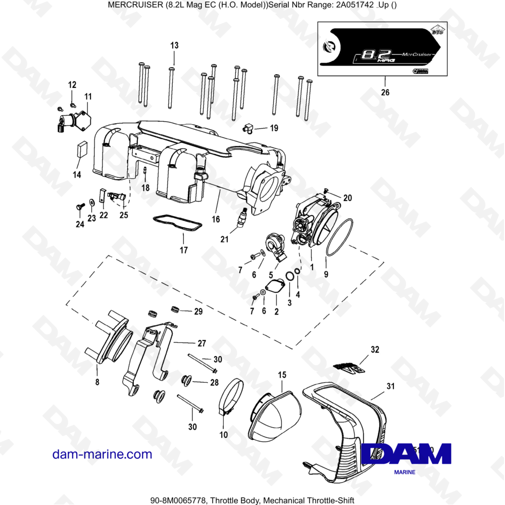 Vue éclatée CORPS DE PAPILLON, COMMANDE MÉCANIQUE DES PAPIERS pour moteur MERCRUISER 8.2L MAG HO EC