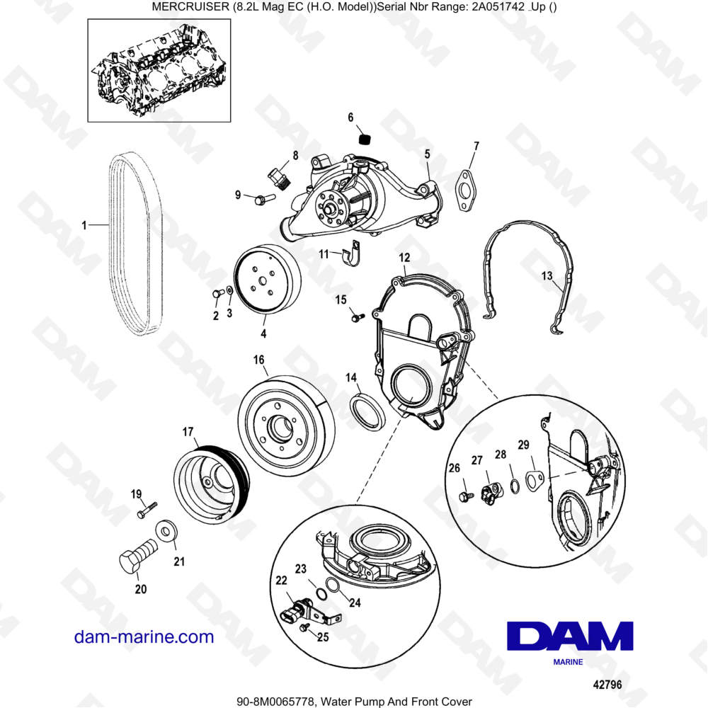 Vue éclatée POMPE À EAU ET COUVERCLE AVANT pour moteur MERCRUISER 8.2L MAG HO EC