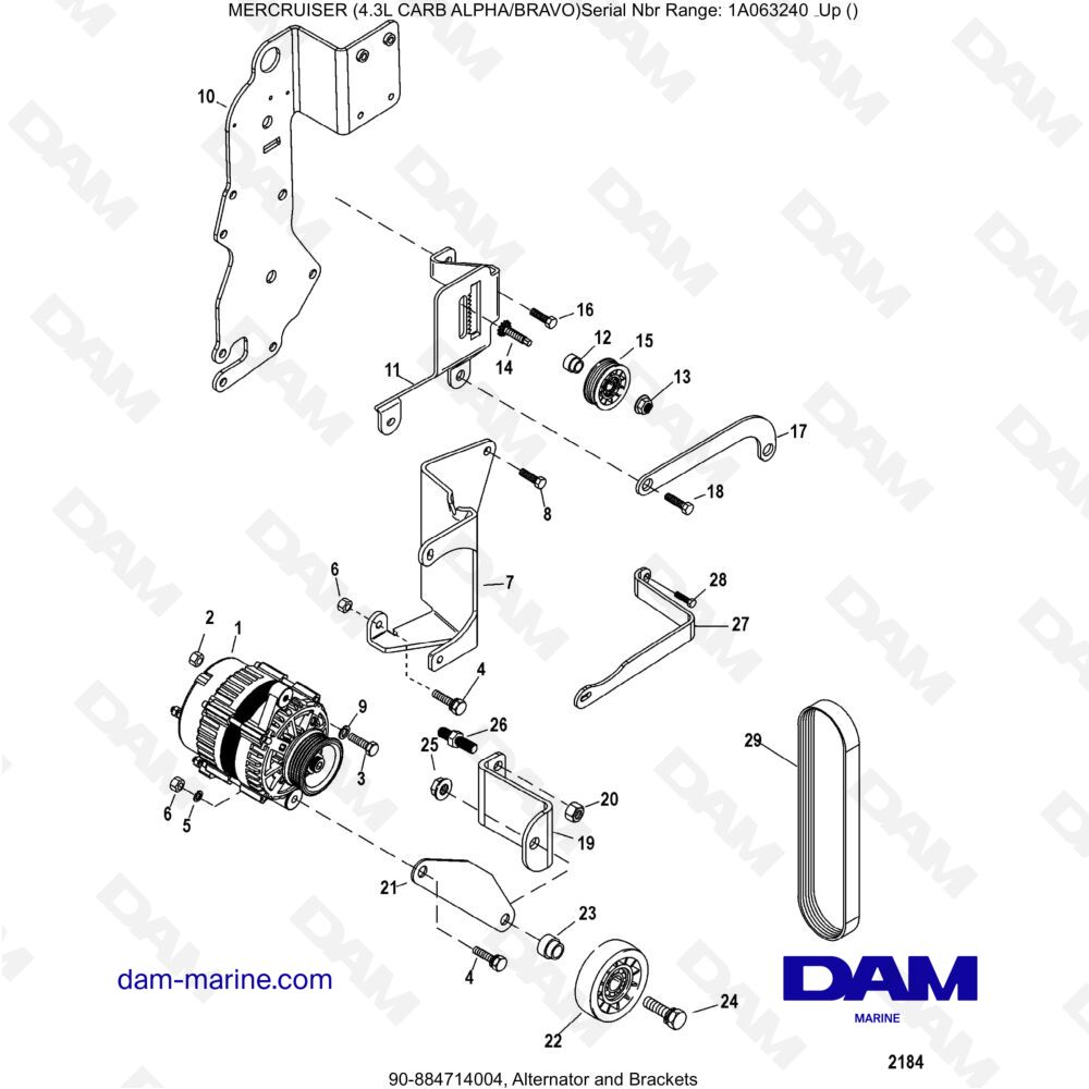 Vue éclatée ALTERNATORE E STAFFE pour moteur MERCRUISER 4.3L CARB (ALPHA BRAVO)