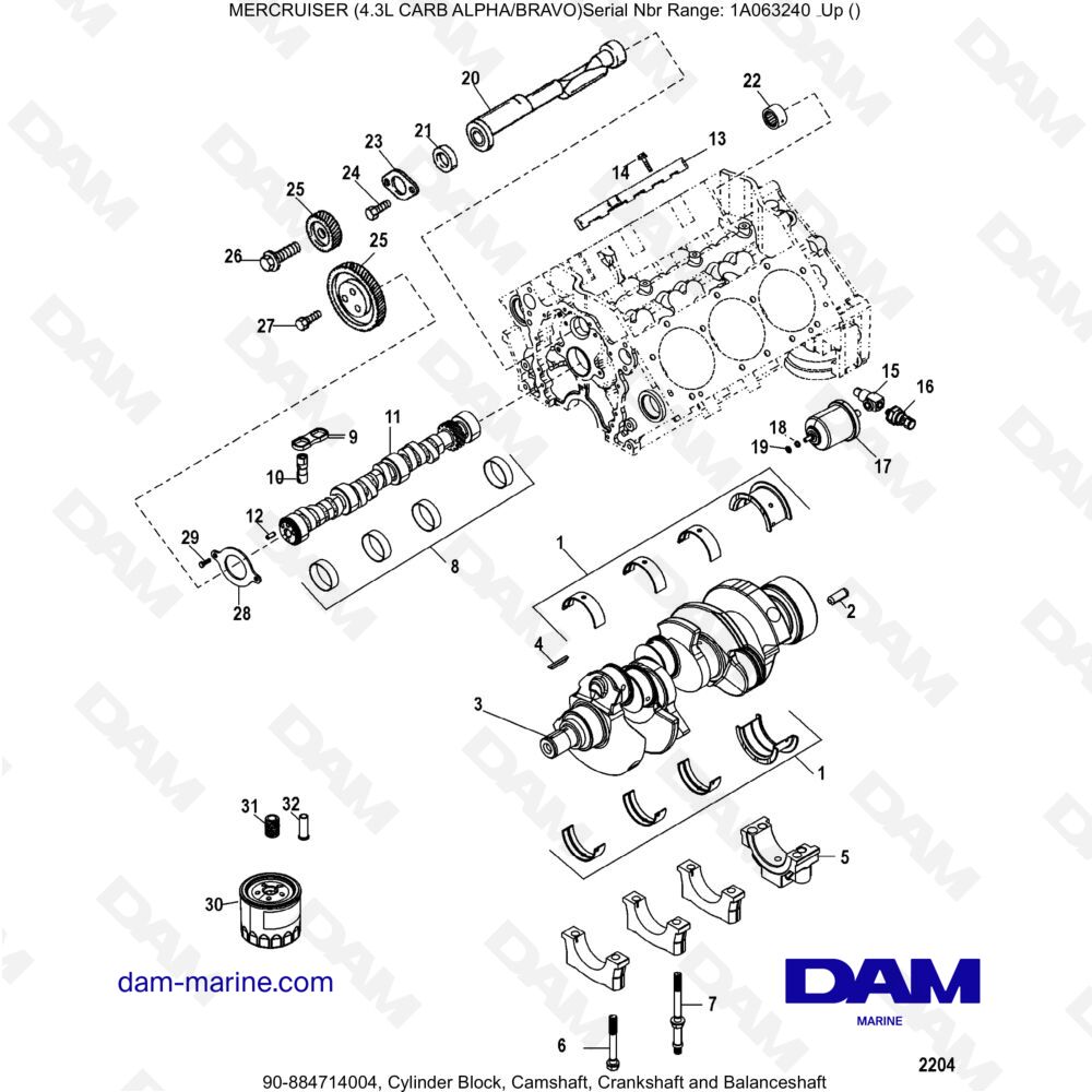 Vue éclatée BLOCCO CILINDRI, ALBERO A CAMME, ALBERO MOTORE E ALBERO DI BILANCIAMENTO pour moteur MERCRUISER 4.3L CARB (ALPHA BRAVO)
