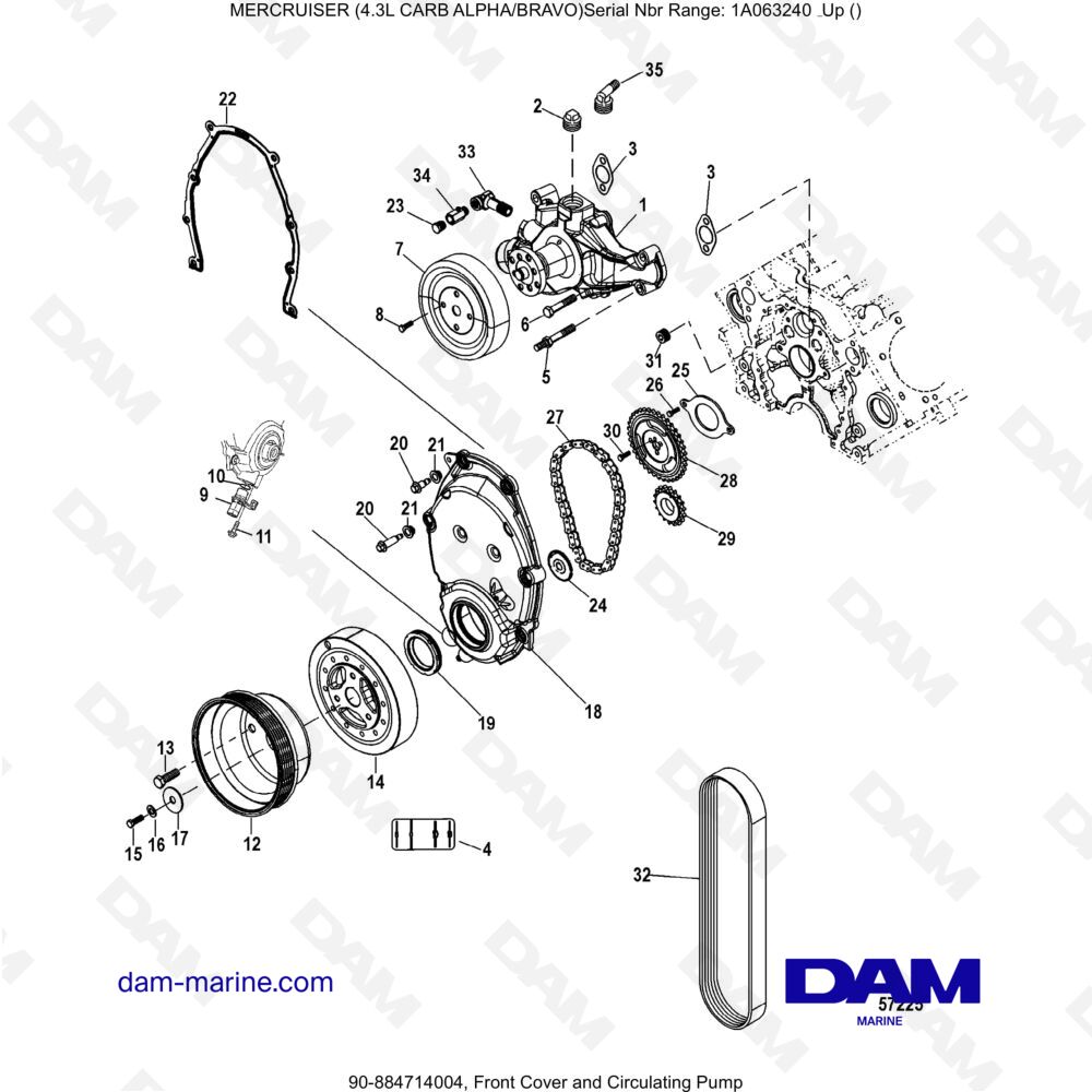 Vue éclatée COPERTURA ANTERIORE E POMPA DI CIRCOLAZIONE pour moteur MERCRUISER 4.3L CARB (ALPHA BRAVO)