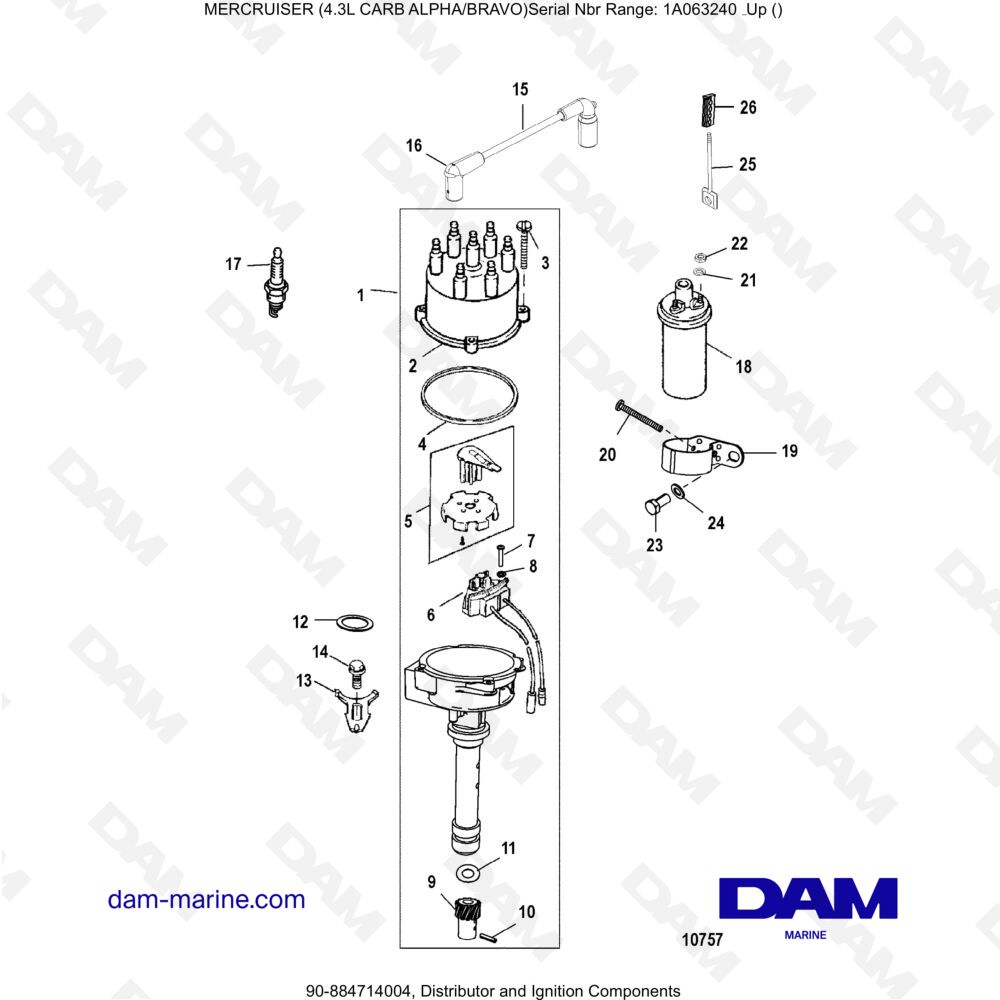 Vue éclatée DISTRIBUTORI E COMPONENTI DI ACCENSIONE pour moteur MERCRUISER 4.3L CARB (ALPHA BRAVO)