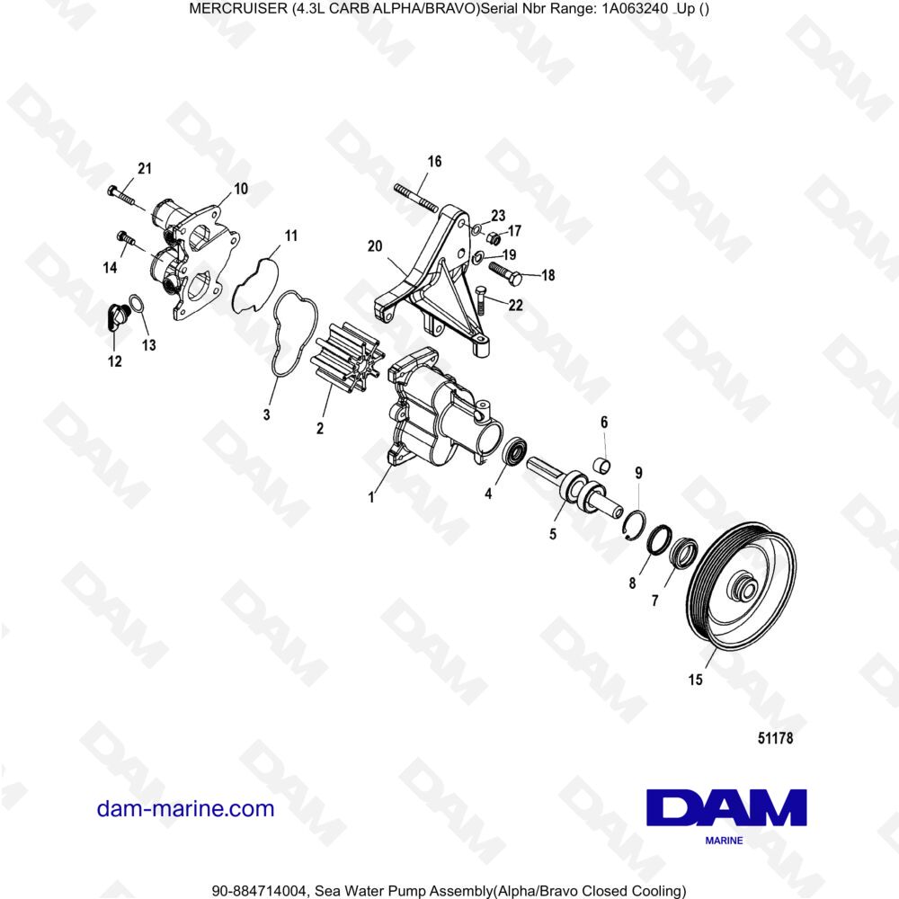 Vue éclatée GRUPPO POMPA ACQUA DI MARE pour moteur MERCRUISER 4.3L CARB (ALPHA BRAVO)