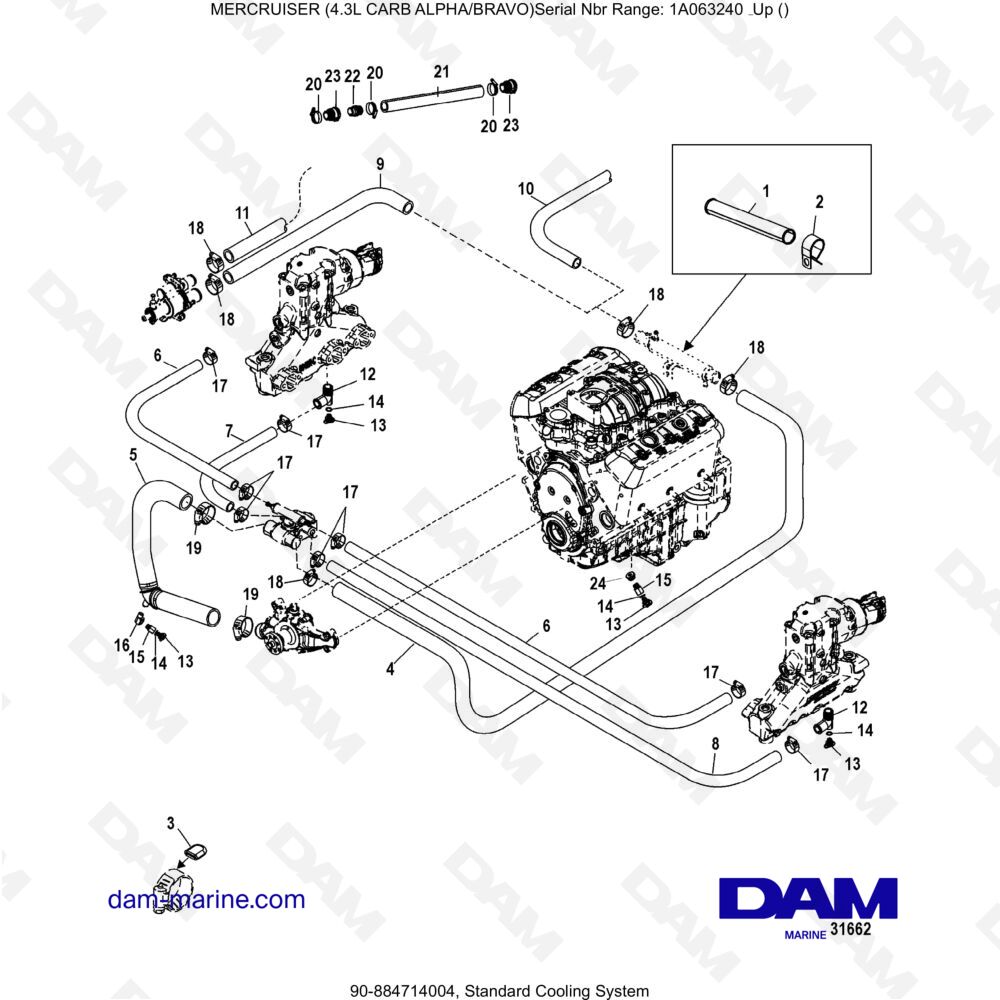 Vue éclatée SISTEMA DI RAFFREDDAMENTO STANDARD pour moteur MERCRUISER 4.3L CARB (ALPHA BRAVO)
