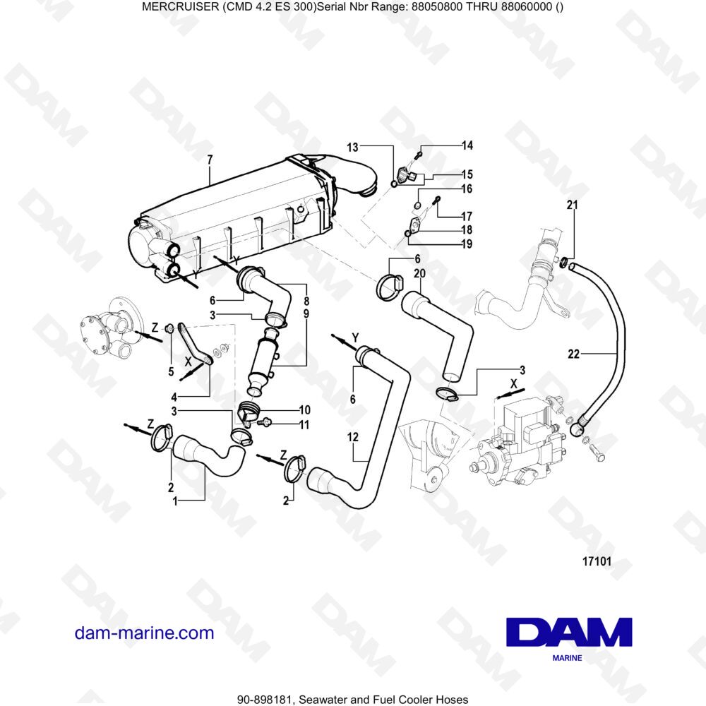 Vue éclatée TUBI FLESSIBILI PER IL RAFFREDDAMENTO DELL'ACQUA DI MARE E DEL CARBURANTE pour moteur MERCRUISER CMD 4.2 ES 300