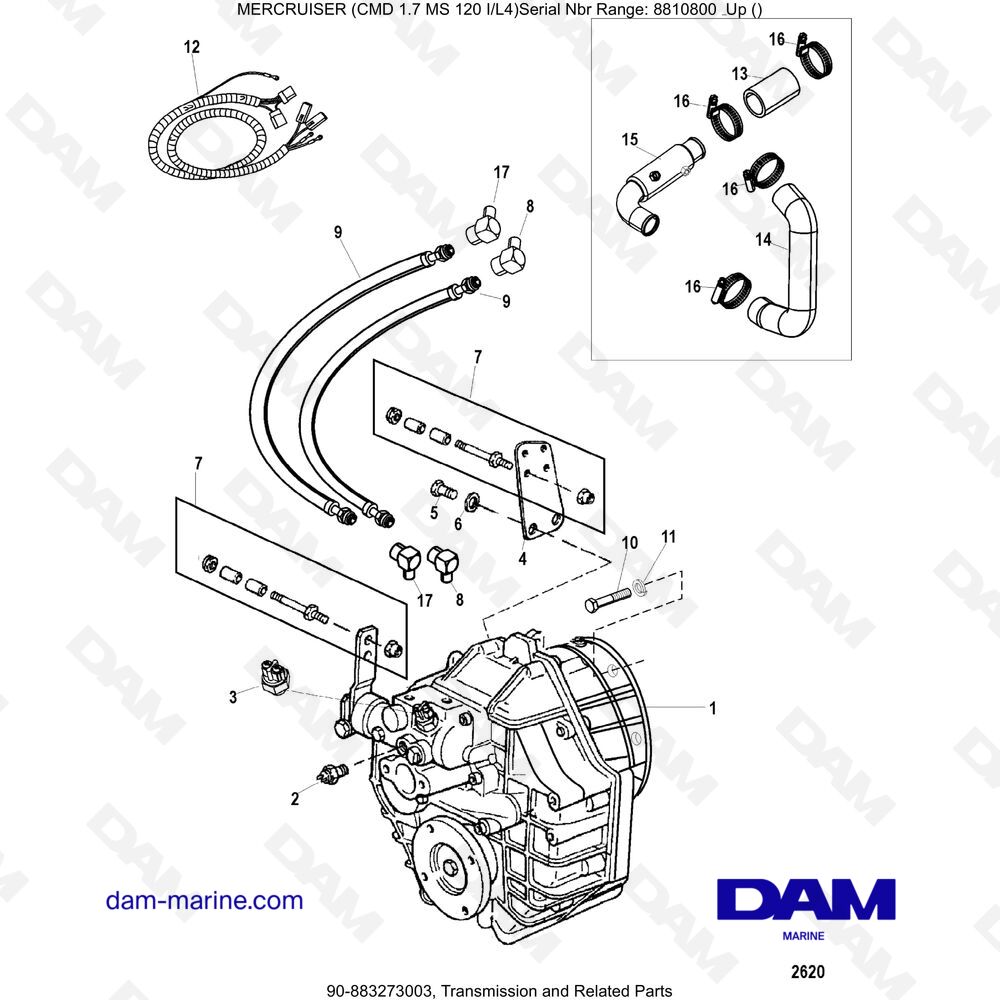 Vue éclatée TRANSMISSION AND RELATED PARTS pour moteur Mercruiser CMD 1.7L MS 120