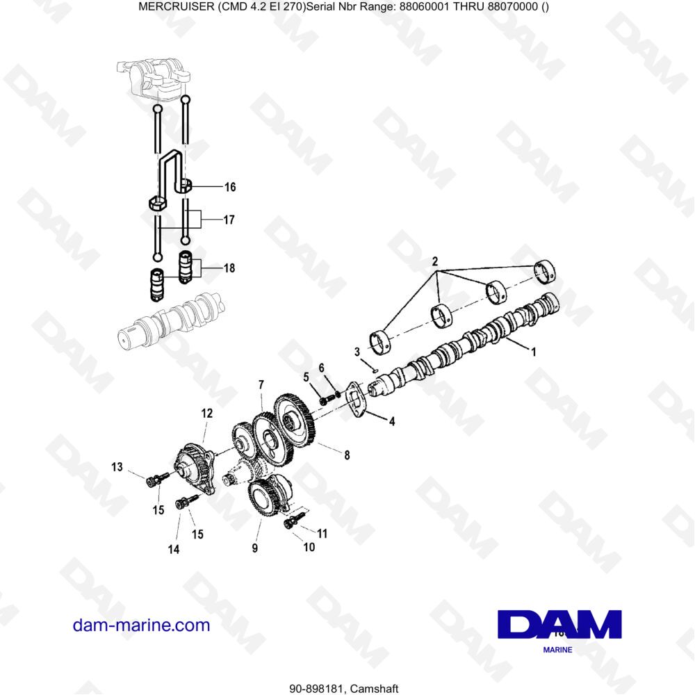 Vue éclatée ARBRE À CAMES pour moteur MERCRUISER CMD 4.2 EI 270
