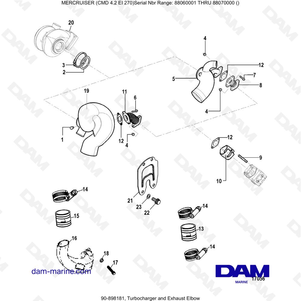 Vue éclatée TURBOCOMPRESSEUR ET COUDE D'ÉCHAPPEMENT pour moteur MERCRUISER CMD 4.2 EI 270