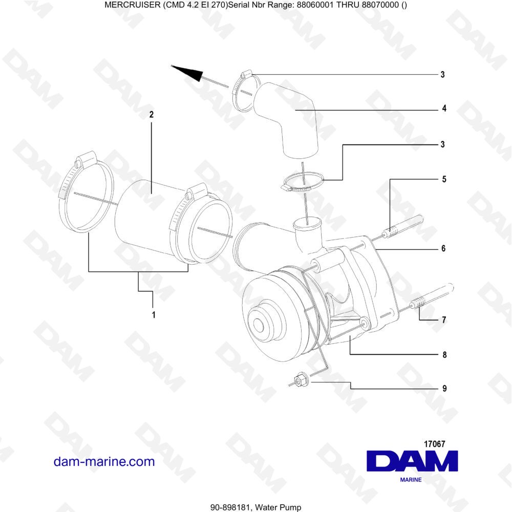 Vue éclatée POMPE À EAU pour moteur MERCRUISER CMD 4.2 EI 270