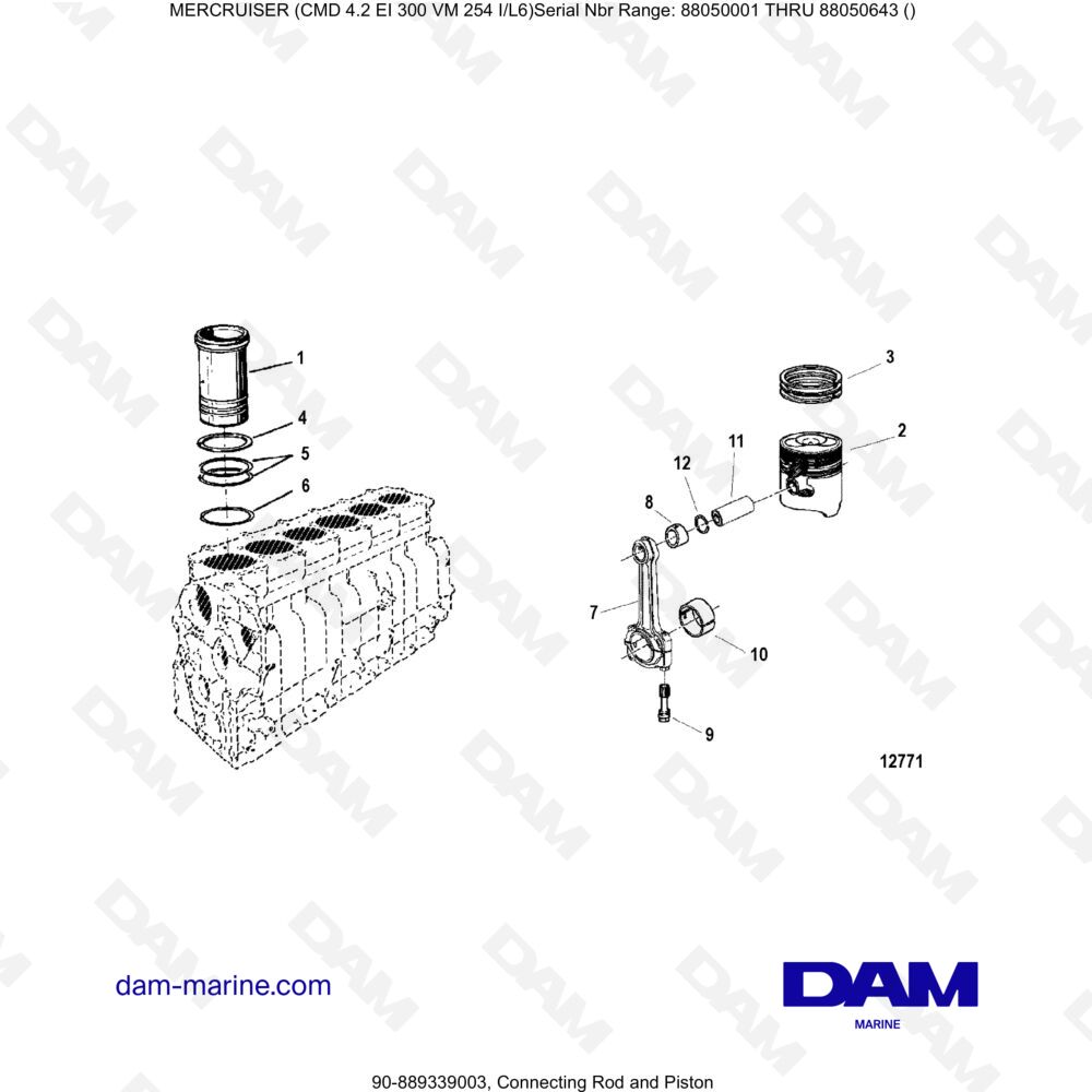 Vue éclatée BIELLE ET PISTON pour moteur MERCRUISER CMD 4.2 EI 300