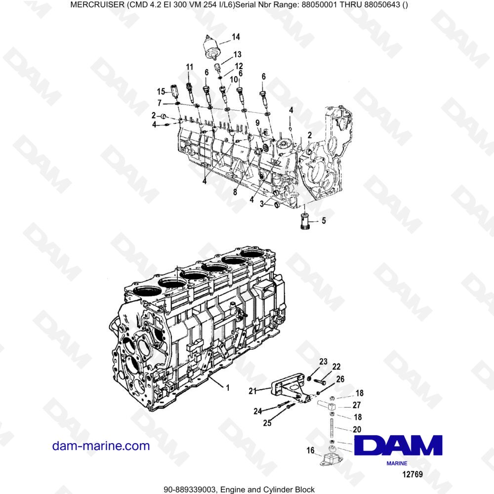 Vue éclatée BLOC MOTEUR ET CYLINDRES pour moteur MERCRUISER CMD 4.2 EI 300