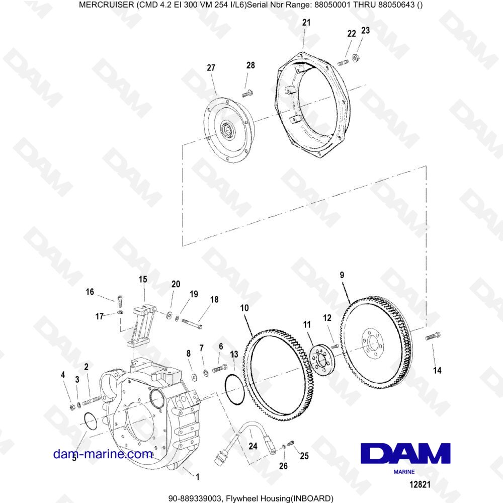 Vue éclatée CARTER DE VOLANT MOTEUR pour moteur MERCRUISER CMD 4.2 EI 300