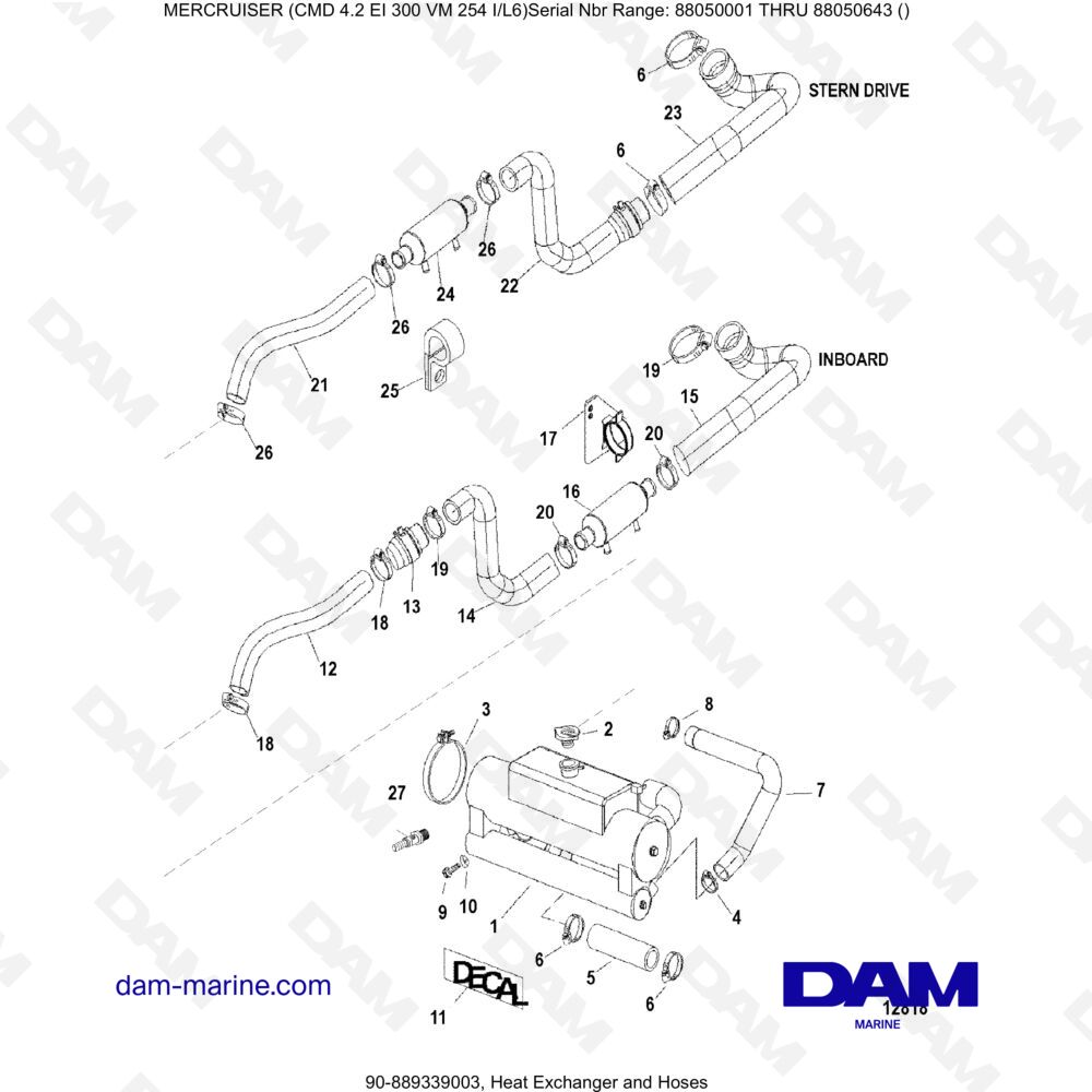 Vue éclatée ÉCHANGEUR DE CHALEUR ET TUYAUX pour moteur MERCRUISER CMD 4.2 EI 300