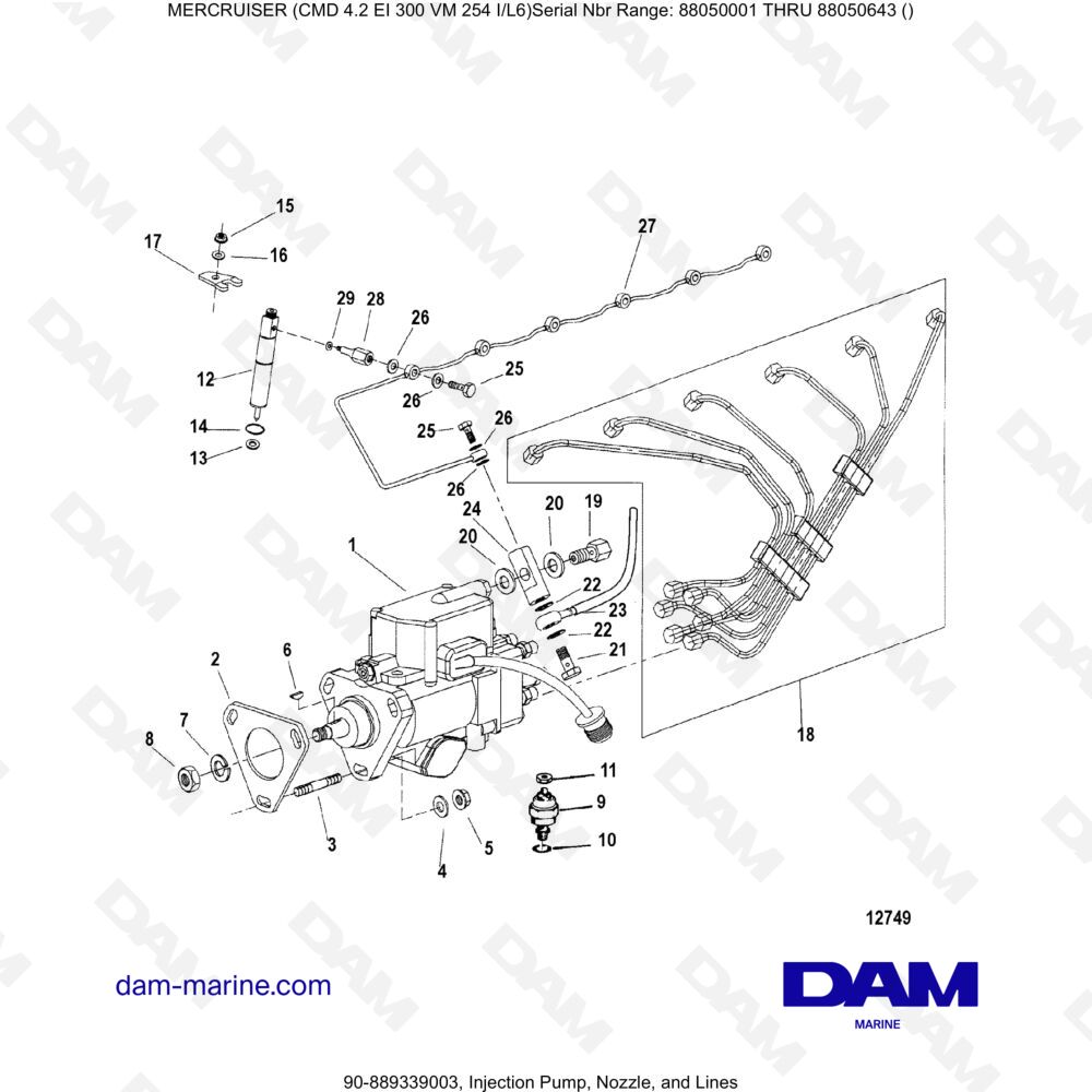 Vue éclatée POMPE D'INJECTION, BUSE ET CONDUITES pour moteur MERCRUISER CMD 4.2 EI 300