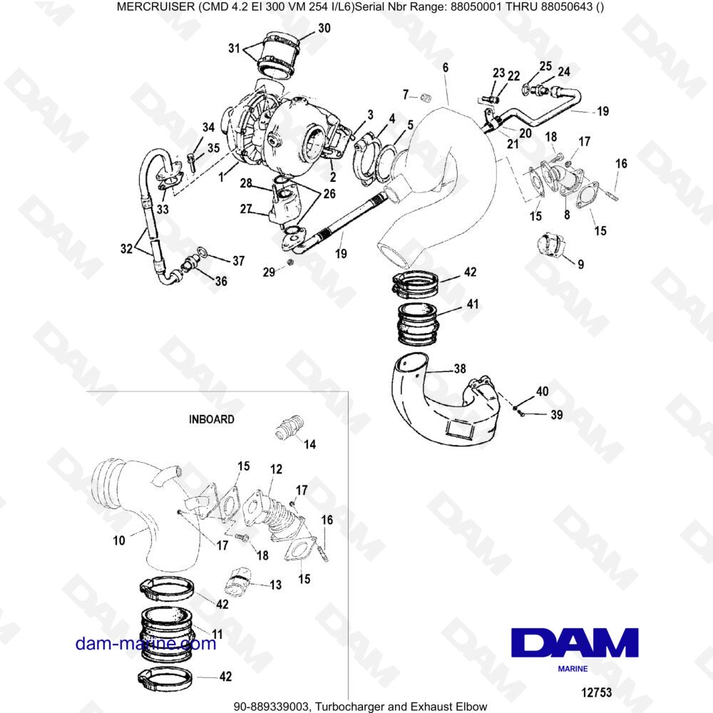 Vue éclatée TURBOCOMPRESSEUR ET COUDE D'ÉCHAPPEMENT pour moteur MERCRUISER CMD 4.2 EI 300