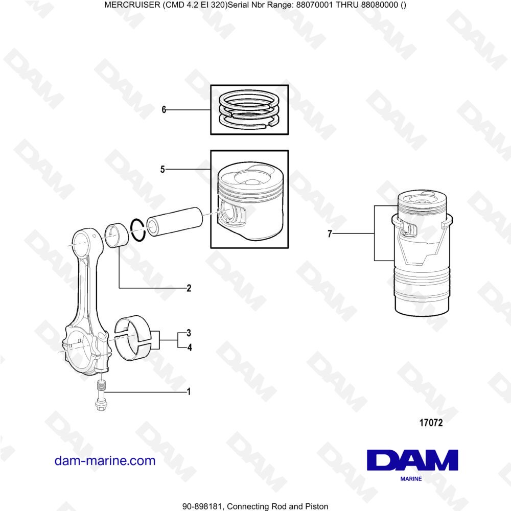 Vue éclatée BIELLA E PISTONE pour moteur MERCRUISER CMD 4.2 EI 320