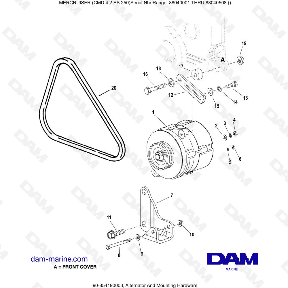 Vue éclatée ALTERNATOR AND MOUNTING HARDWARE pour moteur MERCRUISER CMD 4.2 ES 250