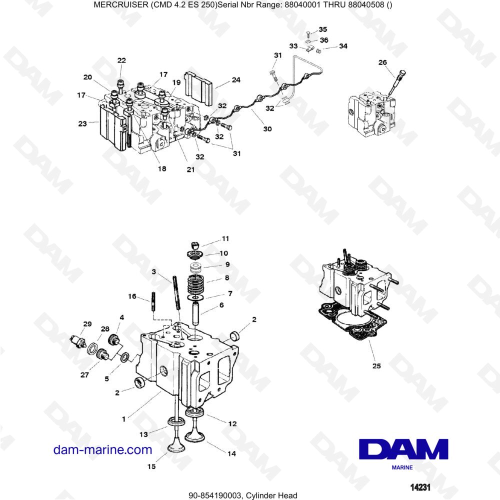 Vue éclatée CYLINDER HEAD pour moteur MERCRUISER CMD 4.2 ES 250