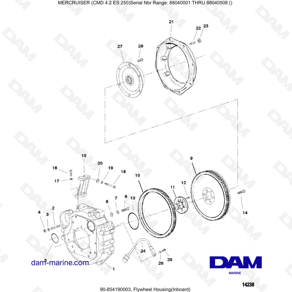 Vue éclatée FLYWHEEL HOUSING (INTERIOR) pour moteur MERCRUISER CMD 4.2 ES 250