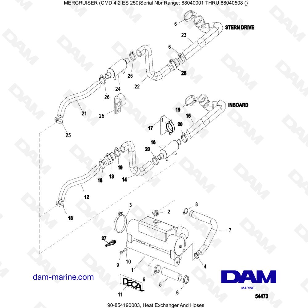 Vue éclatée HEAT EXCHANGER AND PIPES pour moteur MERCRUISER CMD 4.2 ES 250