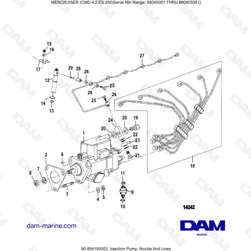 Vue éclatée INJECTION PUMP, NOZZLES AND PIPES pour moteur MERCRUISER CMD 4.2 ES 250
