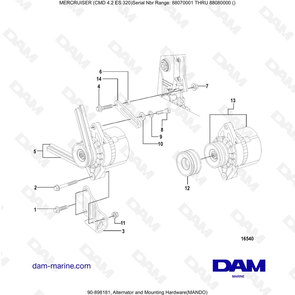 Vue éclatée ALTERNATOR AND MOUNTING HARDWARE pour moteur MERCRUISER CMD 4.2 ES 320