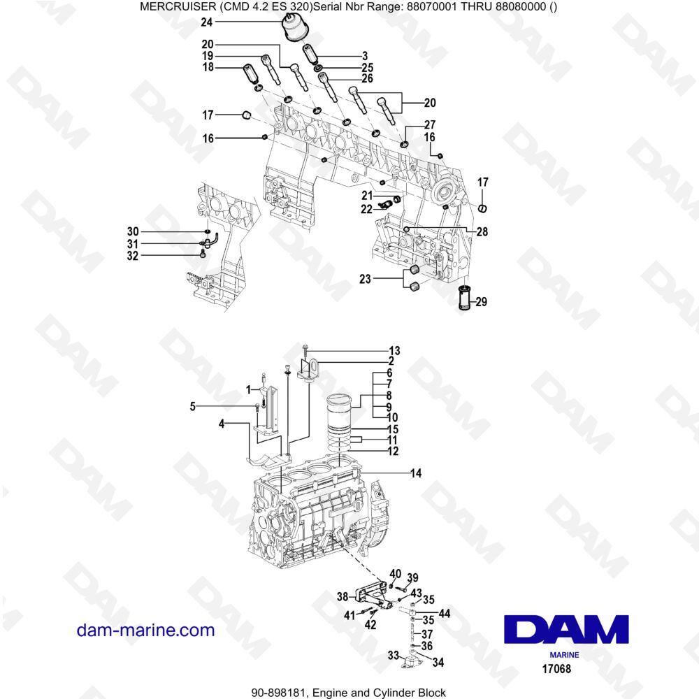 Vue éclatée ENGINE BLOCK AND CYLINDERS pour moteur MERCRUISER CMD 4.2 ES 320