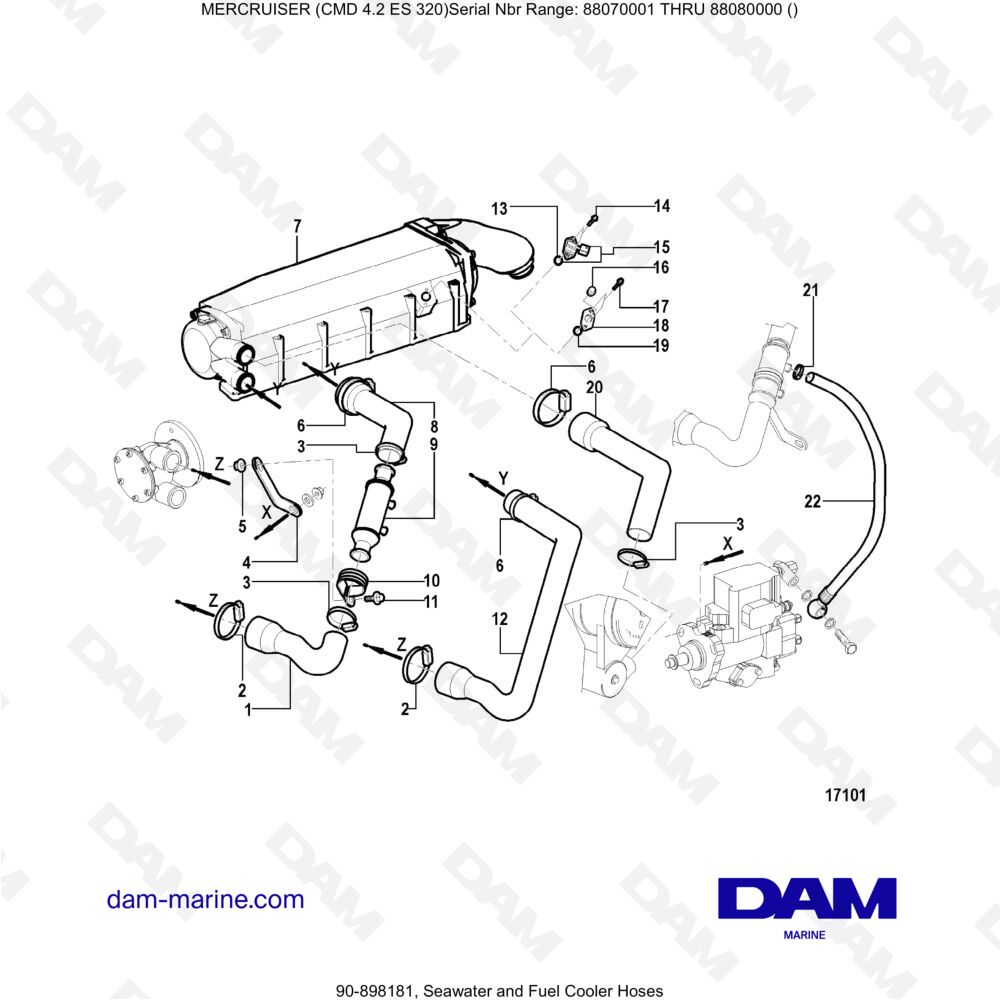 Vue éclatée SEAWATER AND FUEL COOLING HOSE pour moteur MERCRUISER CMD 4.2 ES 320