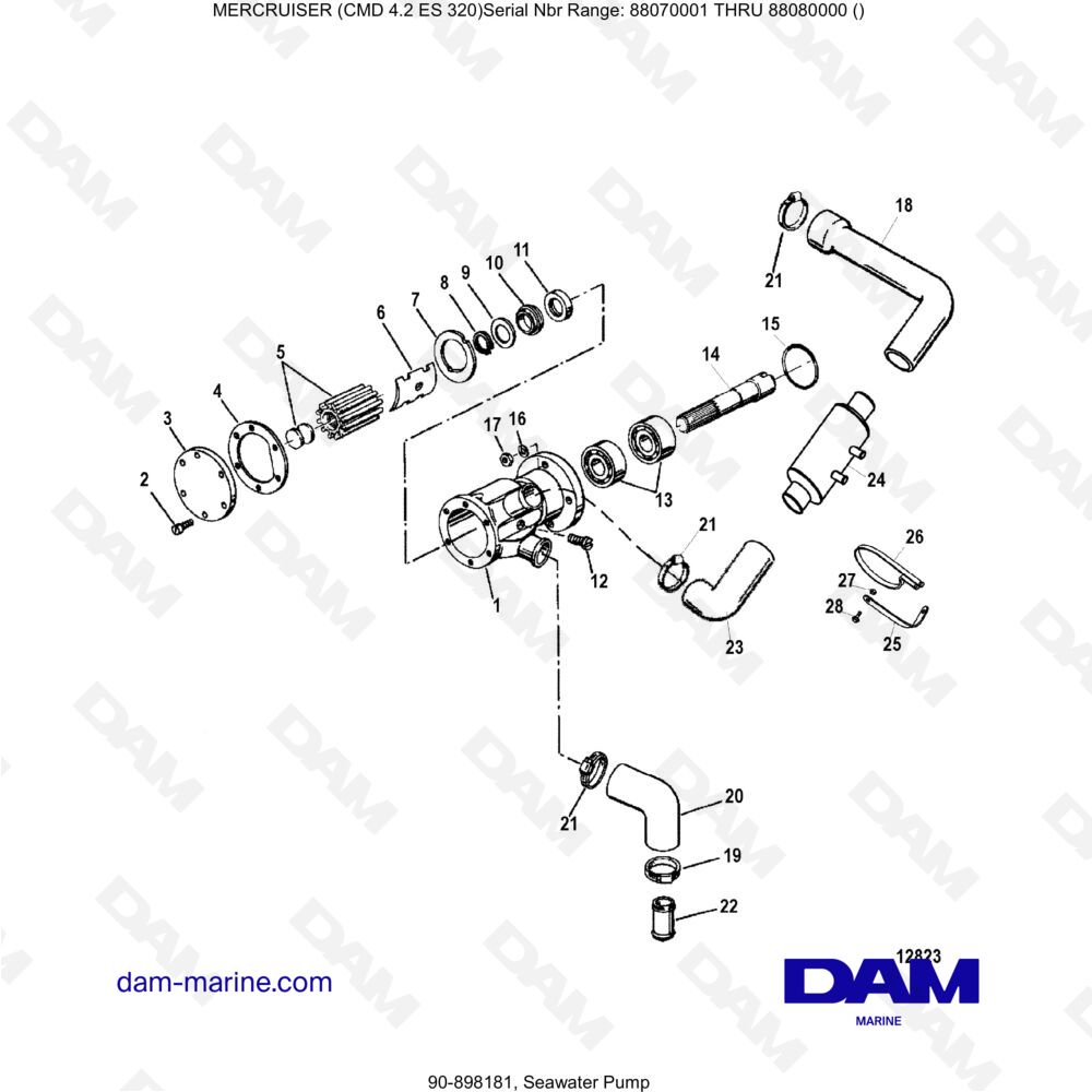Vue éclatée SEA WATER PUMP pour moteur MERCRUISER CMD 4.2 ES 320