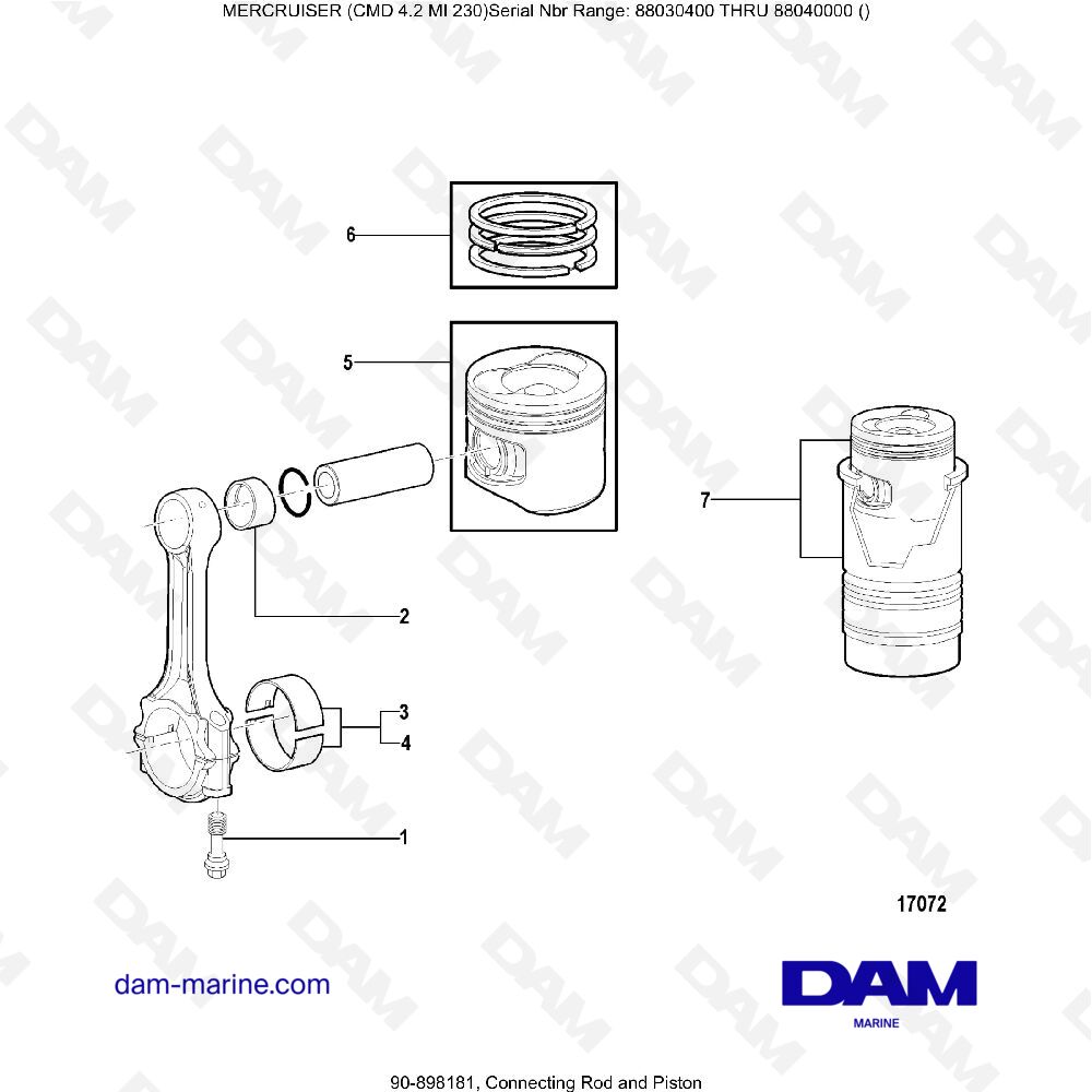 Vue éclatée BIELLE ET PISTON pour moteur MERCRUISER CMD 4.2 MI 230