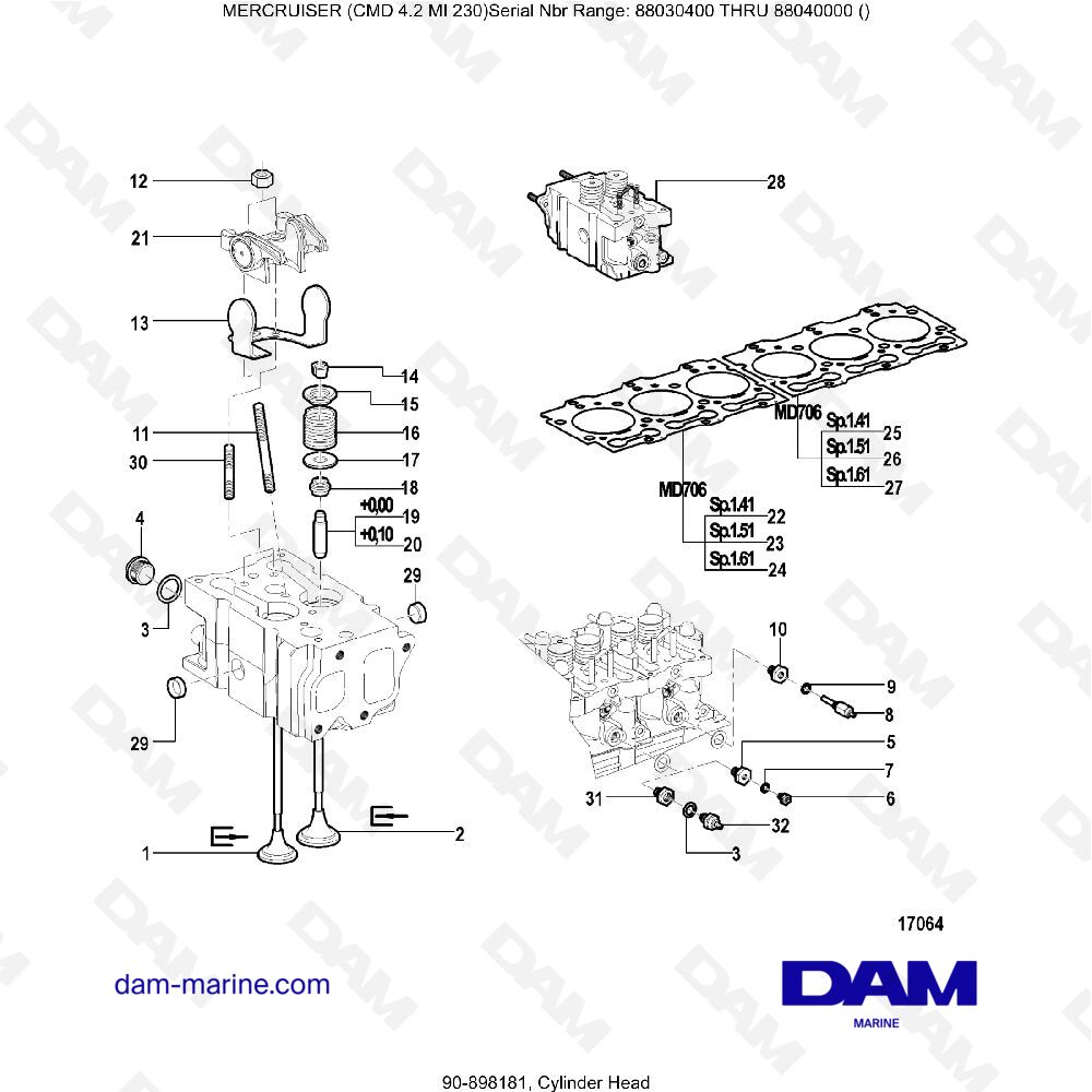 Vue éclatée CULASSE pour moteur MERCRUISER CMD 4.2 MI 230