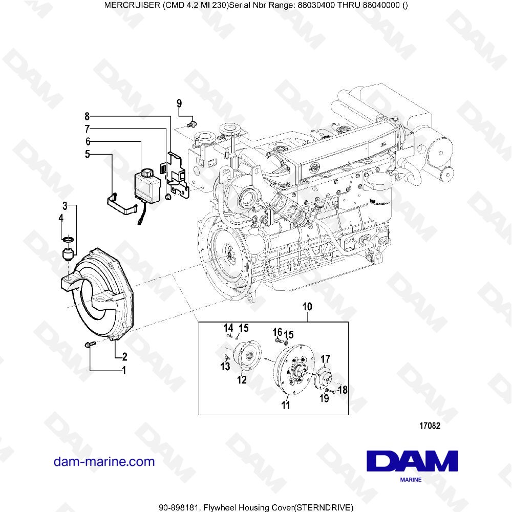 Vue éclatée COUVERCLE DE CARTER DE VOLANT MOTEUR (ENTRAÎNEMENT HORS-SORTIE) pour moteur MERCRUISER CMD 4.2 MI 230