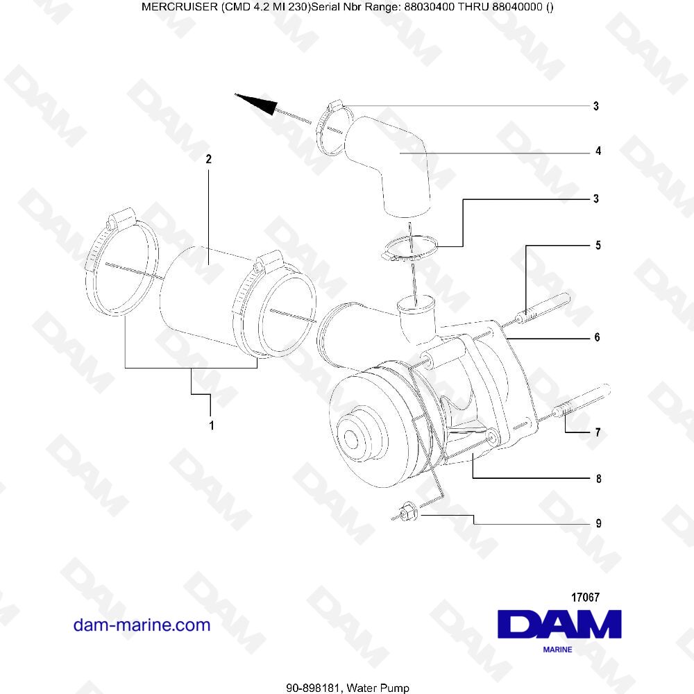 Vue éclatée POMPE À EAU pour moteur MERCRUISER CMD 4.2 MI 230