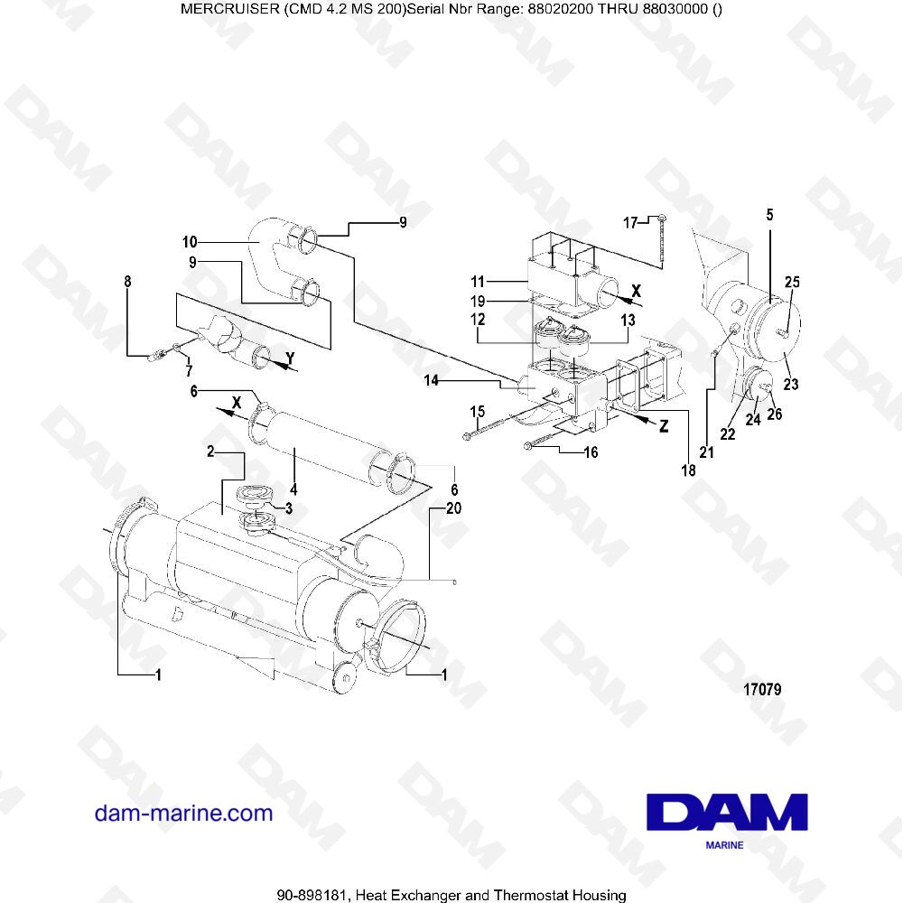 Vue éclatée SCAMBIATORE DI CALORE E ALLOGGIAMENTO DEL TERMOSTATO pour moteur MERCRUISER CMD 4.2 MS 200