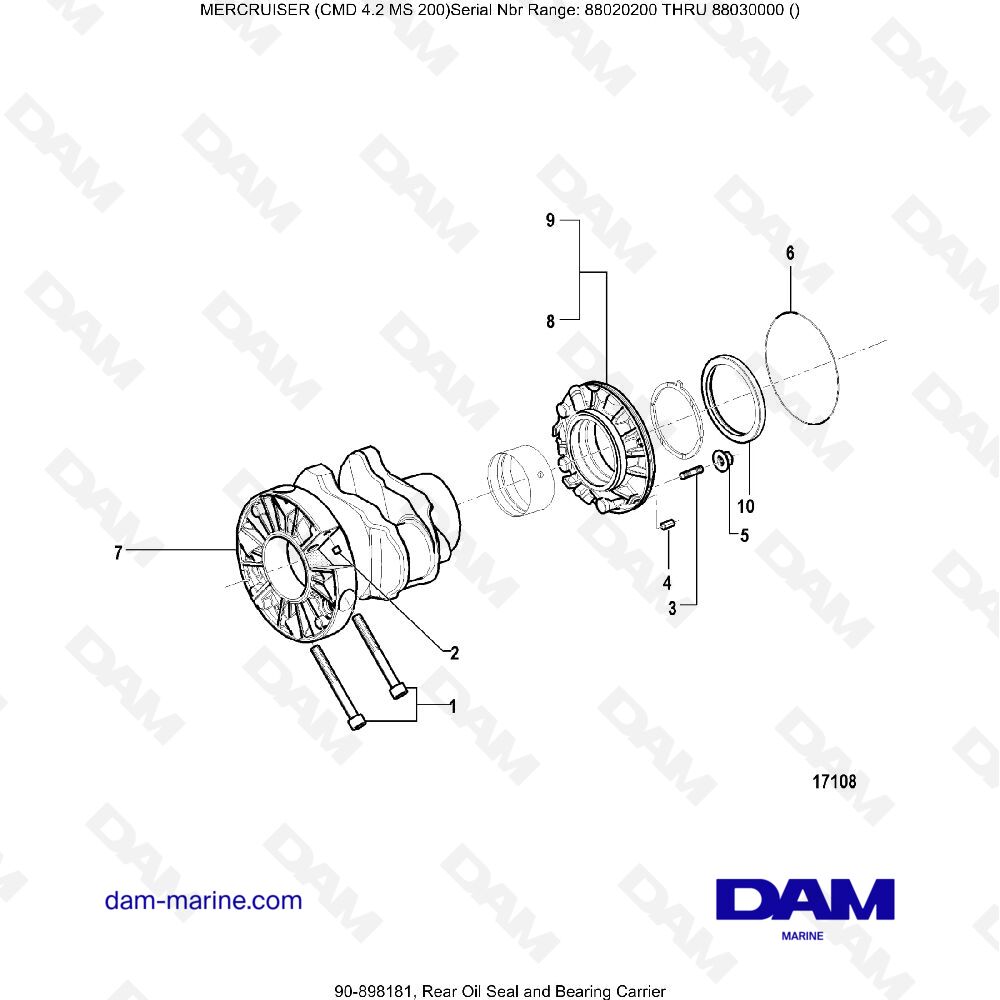 Vue éclatée PARAOLIO POSTERIORE E SUPPORTO CUSCINETTO pour moteur MERCRUISER CMD 4.2 MS 200