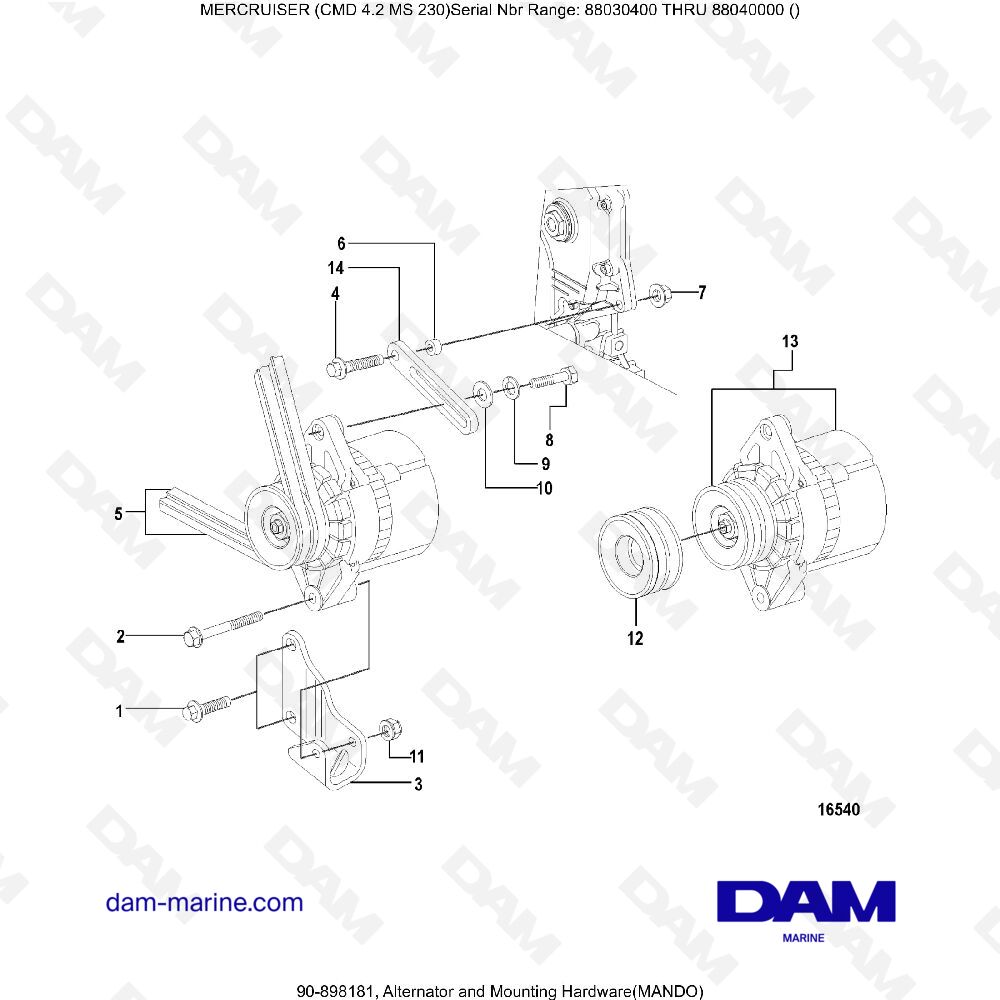 Vue éclatée ALTERNATOR AND MOUNTING HARDWARE pour moteur MERCRUISER CMD 4.2 MS 230