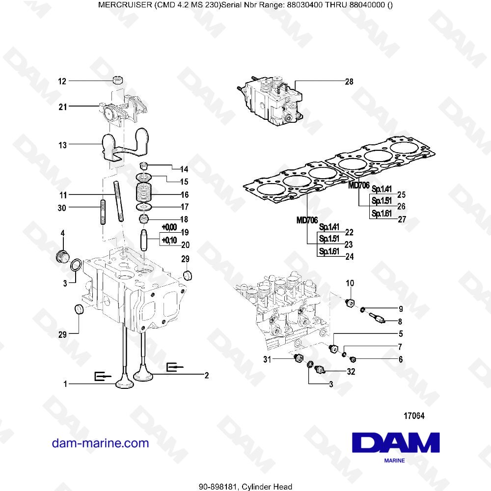 Vue éclatée CYLINDER HEAD pour moteur MERCRUISER CMD 4.2 MS 230