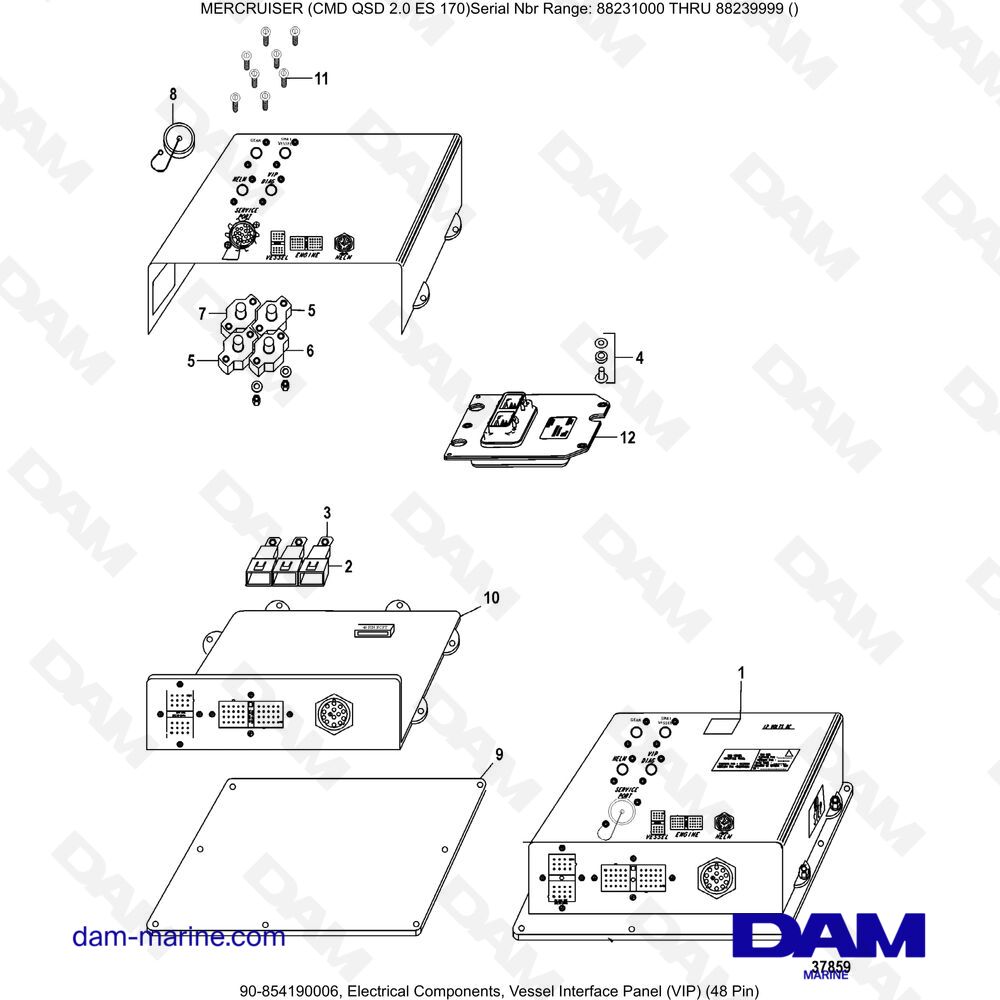 Vue éclatée ELECTRICAL COMPONENTS, RECIPIENT INTERFACE PANEL (VIP) (48 PINS) pour moteur Mercruiser CMD QSD 2.0 ES 170