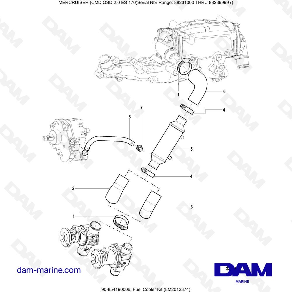 Vue éclatée FUEL COOLER KIT (8M2012374) pour moteur Mercruiser CMD QSD 2.0 ES 170