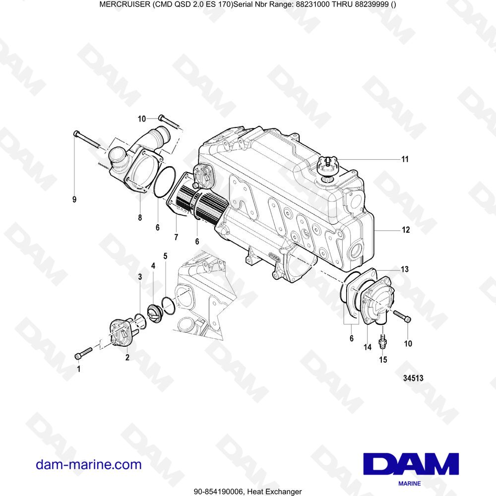 Vue éclatée HEAT EXCHANGER pour moteur Mercruiser CMD QSD 2.0 ES 170