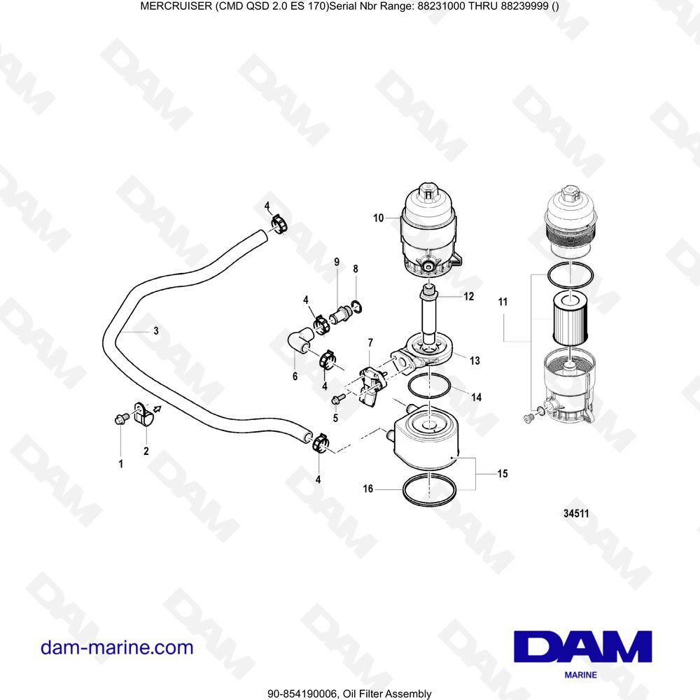 Vue éclatée OIL FILTER ASSEMBLY pour moteur Mercruiser CMD QSD 2.0 ES 170