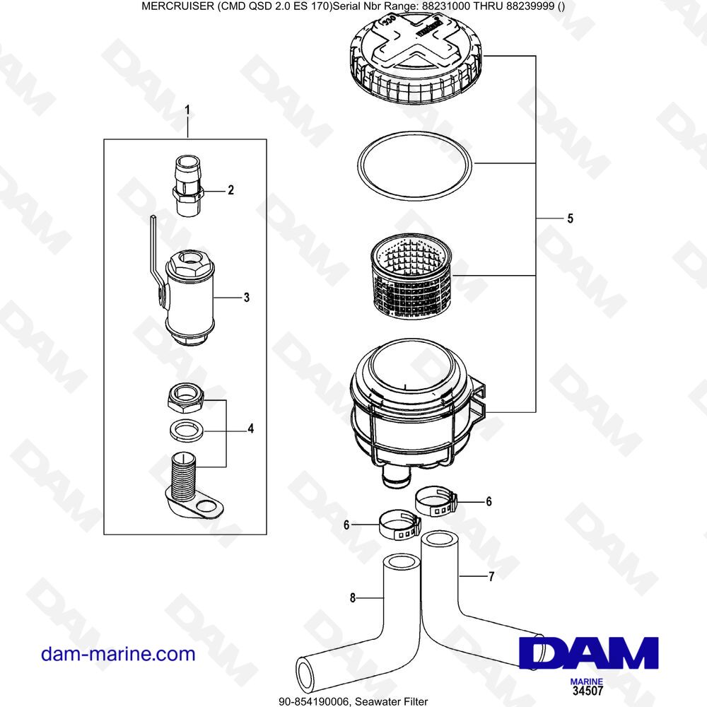 Vue éclatée SEAWATER FILTER pour moteur Mercruiser CMD QSD 2.0 ES 170