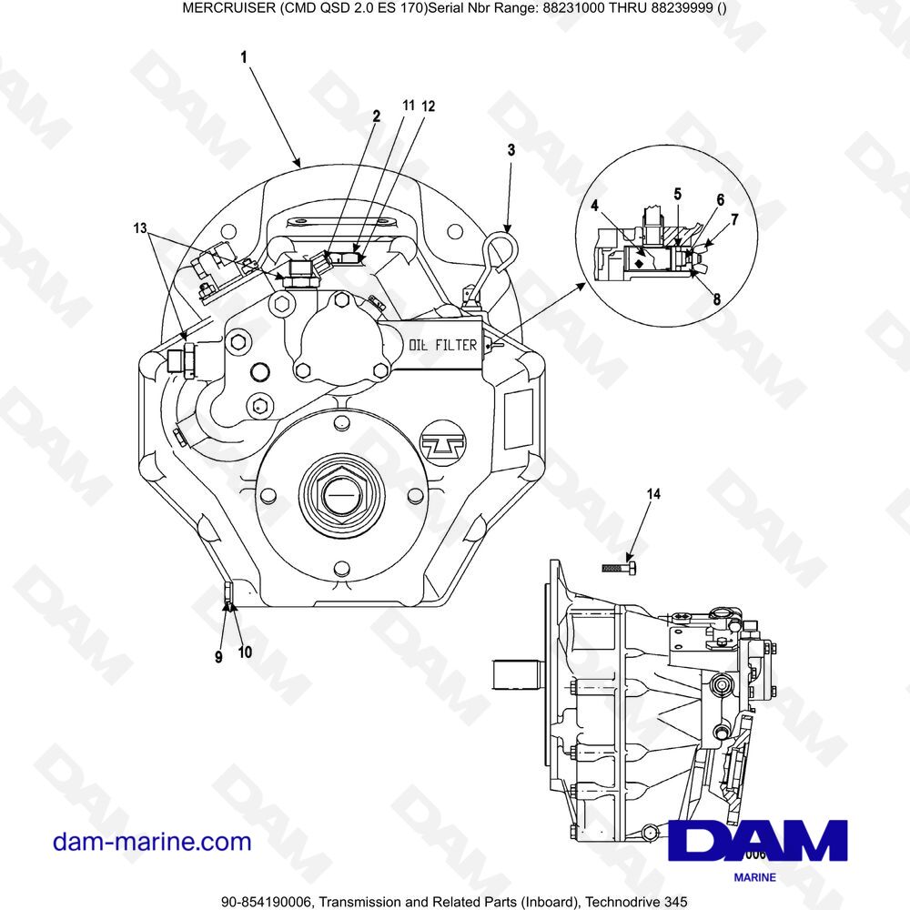 Vue éclatée TRANSMISSION AND RELATED PARTS (INTERNAL), TECHNODRIVE 345 pour moteur Mercruiser CMD QSD 2.0 ES 170