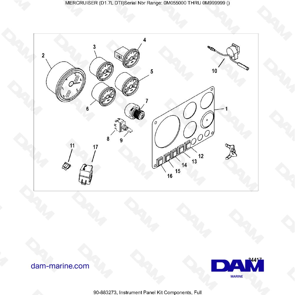 Vue éclatée DASHBOARD KIT COMPONENTS pour moteur MERCRUISER D1.7L DTI