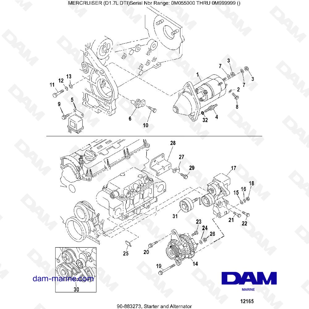 Vue éclatée STARTER AND ALTERNATOR pour moteur MERCRUISER D1.7L DTI