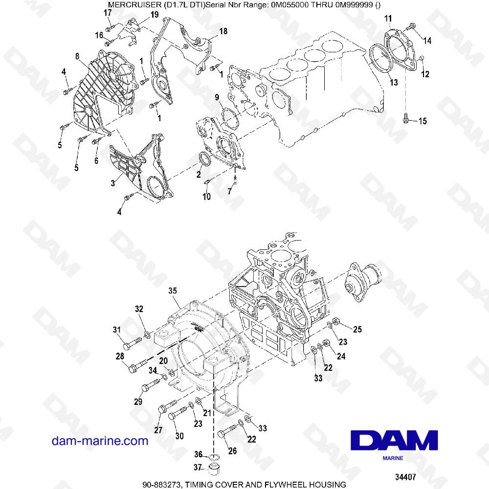 Vue éclatée Timing cover and flywheel housing pour moteur MERCRUISER D1.7L DTI